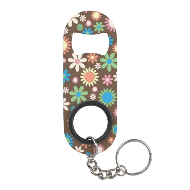 Cute Flower Power Pattern Brown Keychain Bottle Opener (Back)