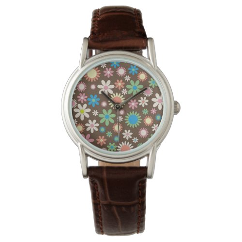 Cute Flower Power Pattern Brown Watch