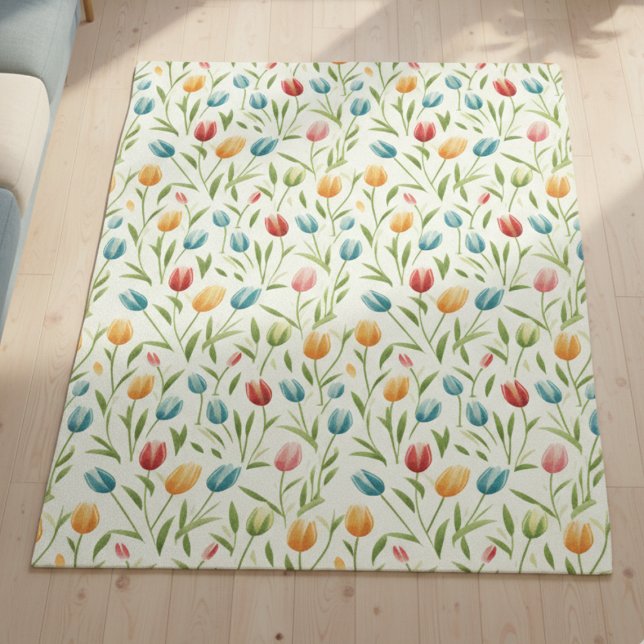 Cute Flower Rug (colorful tulip area rug for nursery or playroom, red green blue yellow flowers)