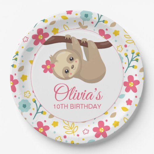 Cute Flower Sloth Birthday Party Plate