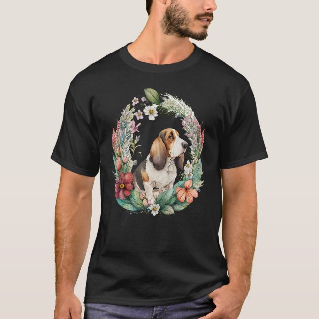 Cute Flower summer Floral Basset Hound T-Shirt (Front)