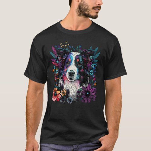 Cute Flower summer Floral Border Collie 3 T_Shirt