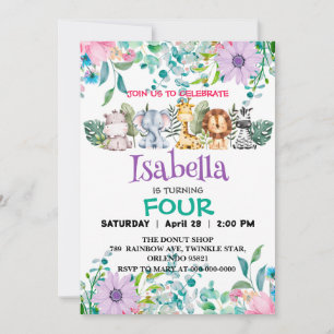 Cute Flower zoo jungle Animals Birthday for kids Invitation