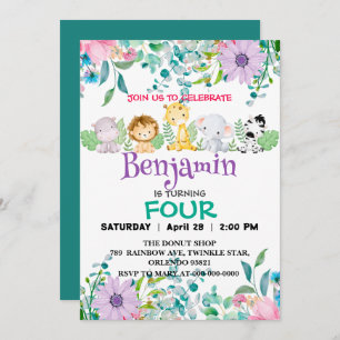 Cute Flower zoo jungle Animals Birthday girly Invitation