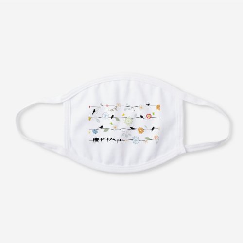 Cute Flowers and Birds on the Wire White Cotton Face Mask