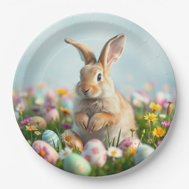 Cute Flowers and  Bunny Easter Party  Paper Plates (Front)