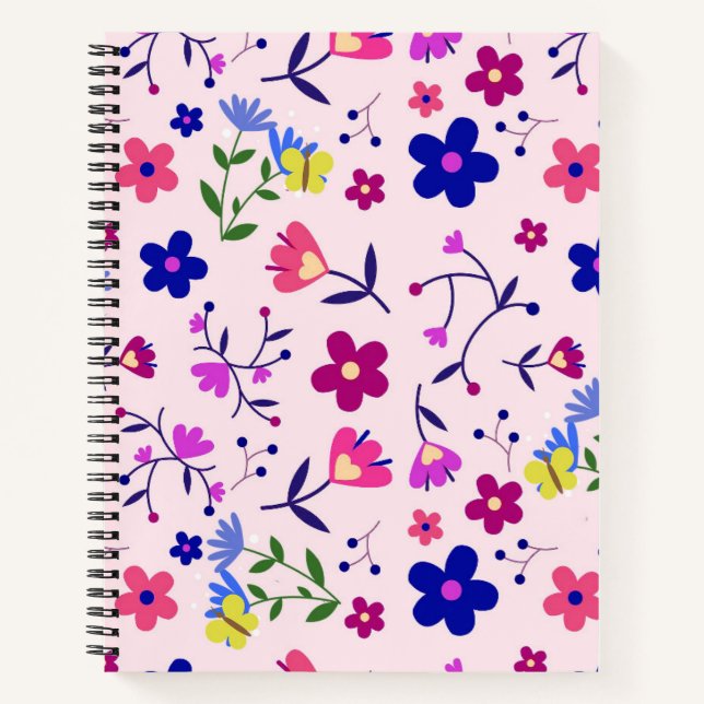 Cute Flowers and Butterflies on Pink Notebook (Front)