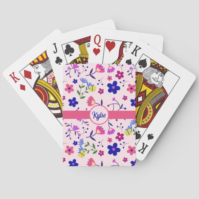 Cute Flowers and Butterflies on Pink Poker Cards (Back)