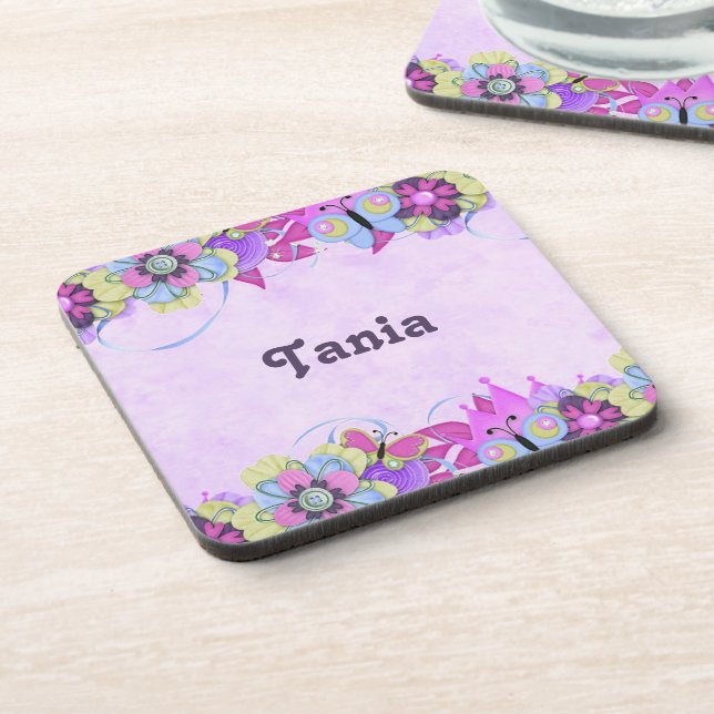 Cute flowers and butterflies on purple beverage coaster (Left Side)
