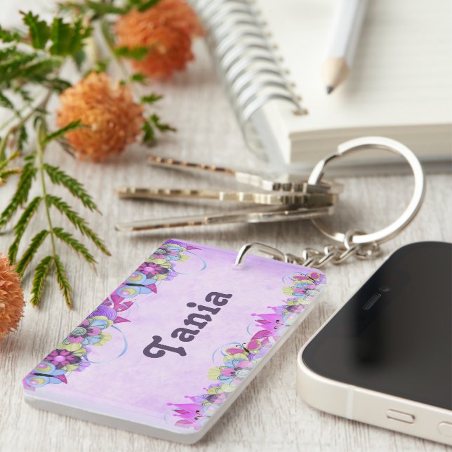 Cute flowers and butterflies on purple keychain (Front Right)