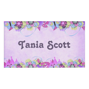 Cute flowers and butterflies on purple name tag