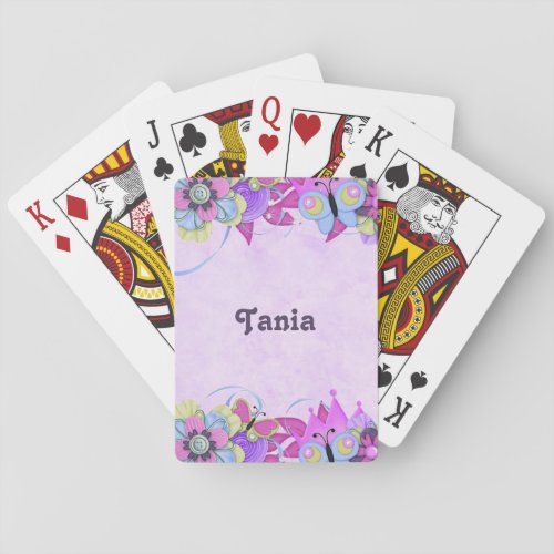 Cute flowers and butterflies on purple poker cards