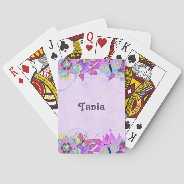 Cute flowers and butterflies on purple poker cards (Back)