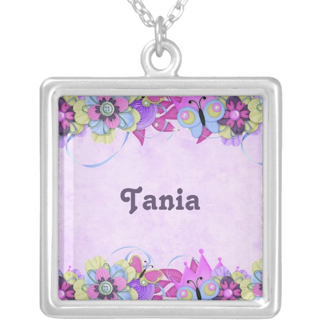 Cute flowers and butterflies on purple silver plated necklace (Front)