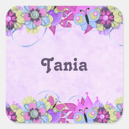 Cute flowers and butterflies on purple square sticker