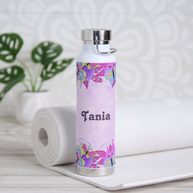 Cute flowers and butterflies on purple water bottle (Yoga)