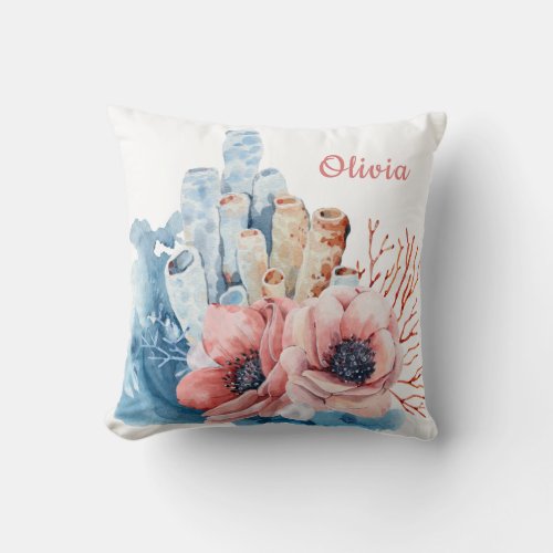 Cute Flowers And Corals With Name Throw Pillow