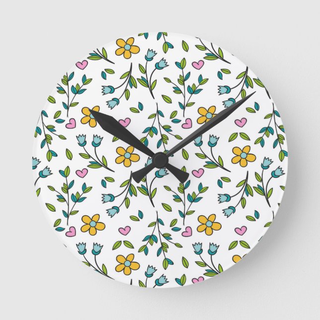 Cute Flowers and Hearts Light Pattern Round Clock (Front)