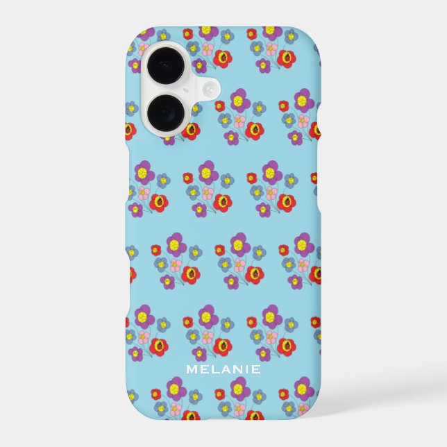 Cute Flowers and Ladybug Pattern Blue Personalised Case-Mate iPhone Case (Back)