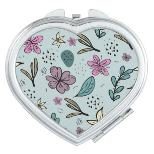 Cute Flowers and Leaves illustrated Pattern Blue Compact Mirror