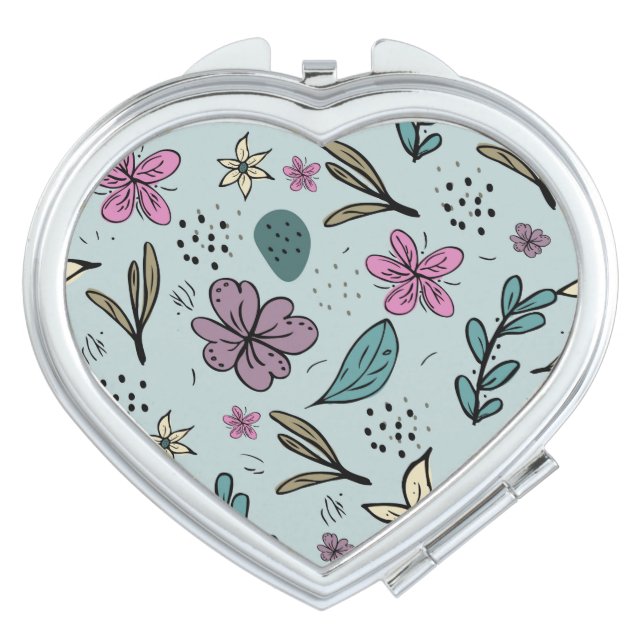 Cute Flowers and Leaves illustrated Pattern Blue Compact Mirror (Front)
