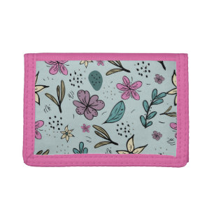 Cute Flowers and Leaves illustrated Pattern Blue Tri-fold Wallet