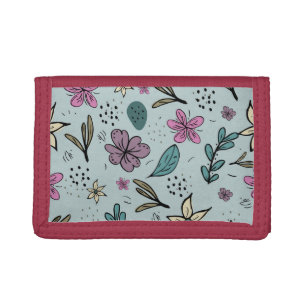 Cute Flowers and Leaves illustrated Pattern Blue Trifold Wallet