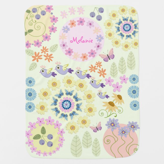 Cute flowers, birds, butterflies & custom Name Stroller Blanket (Front)
