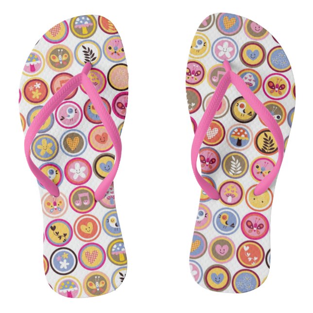 cute flowers, birds, hearts pattern flip flops (Footbed)
