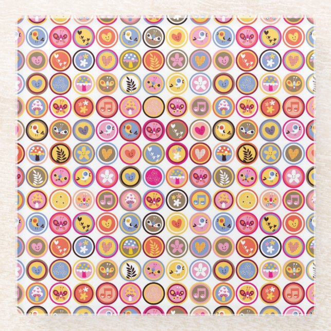 cute flowers, birds, hearts pattern glass coaster (Front)