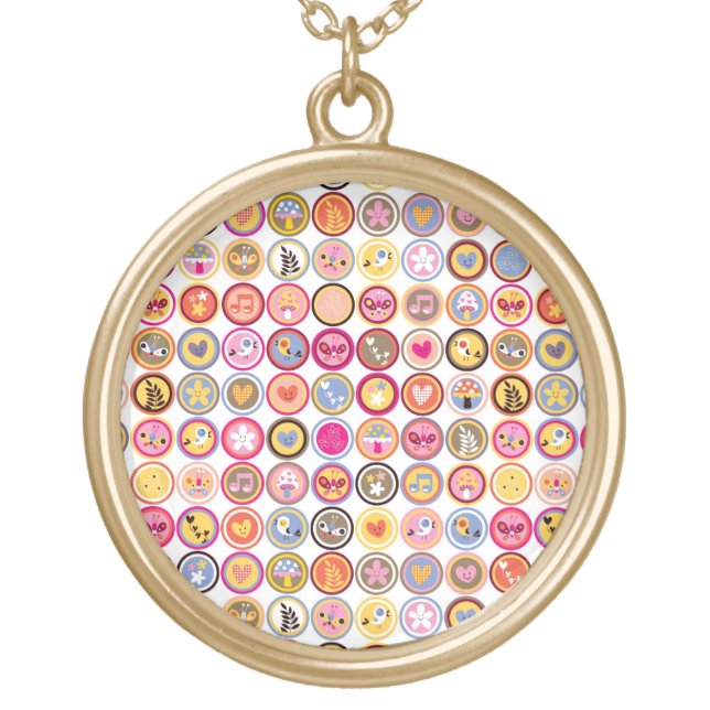 cute flowers, birds, hearts pattern gold plated necklace (Front)