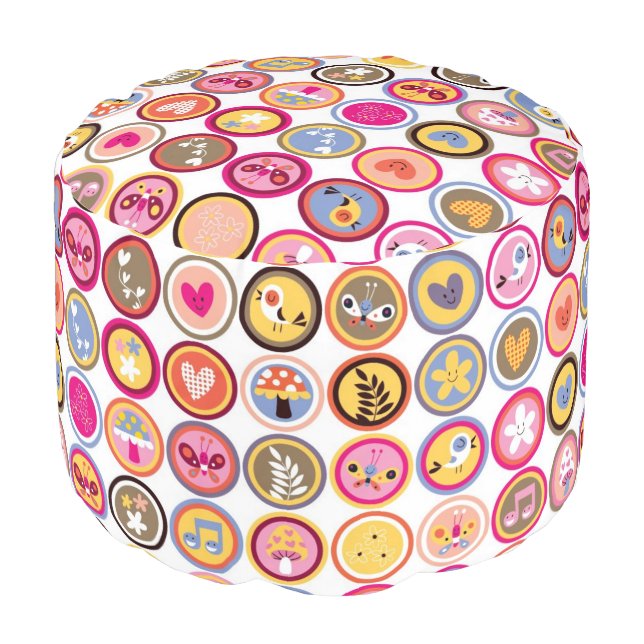 cute flowers, birds, hearts pattern pouf (Angled Front)
