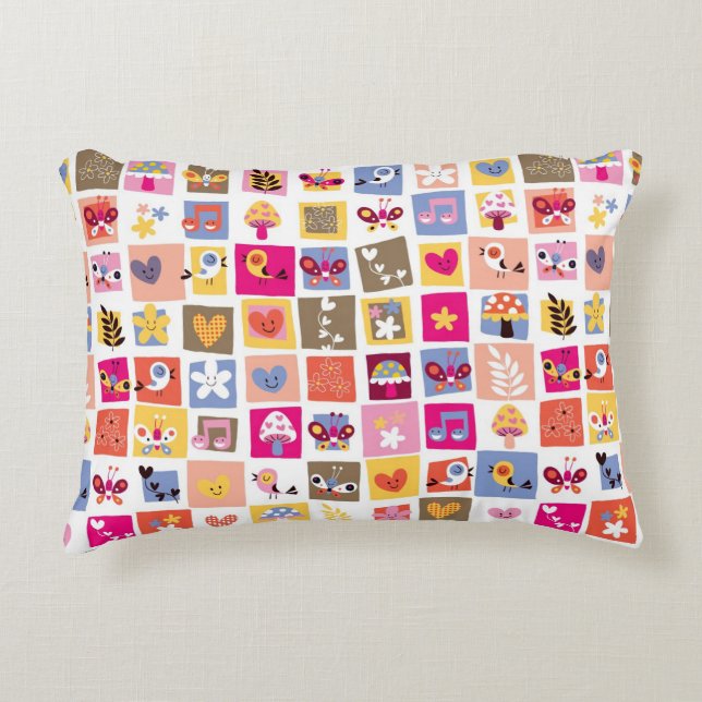 cute flowers, birds, hearts squares pattern accent pillow (Front)