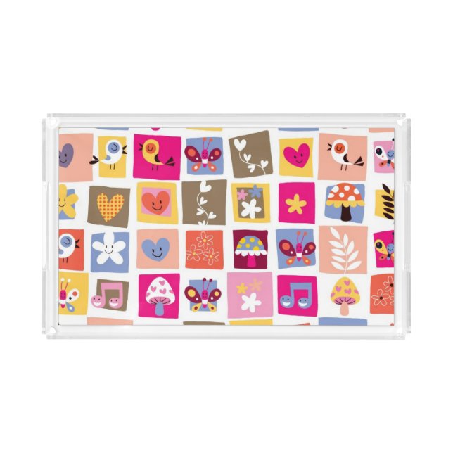 cute flowers, birds, hearts squares pattern acrylic tray (Front)