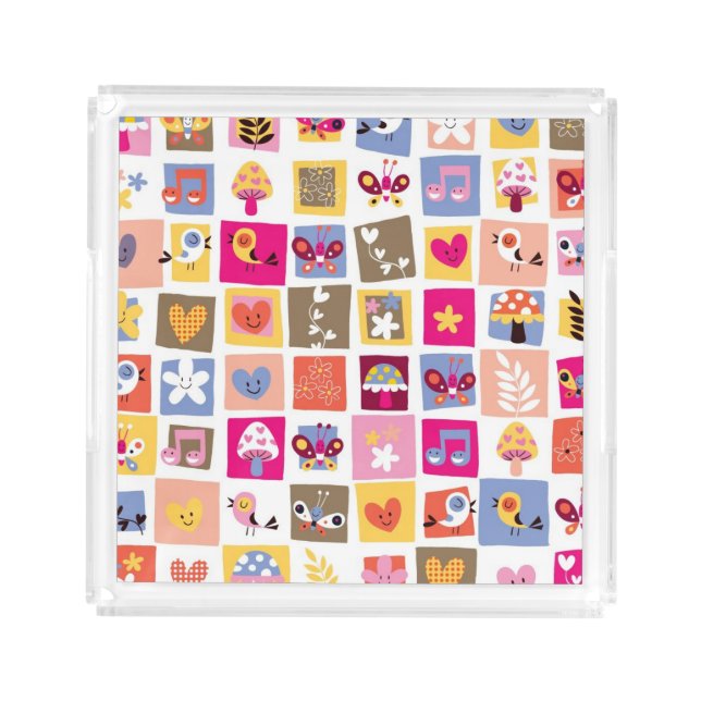 cute flowers, birds, hearts squares pattern acrylic tray (Front)