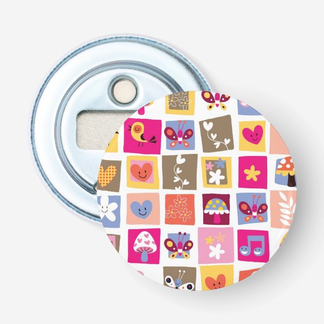 cute flowers, birds, hearts squares pattern bottle opener (Front)