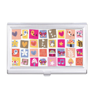 cute flowers, birds, hearts squares pattern business card holder