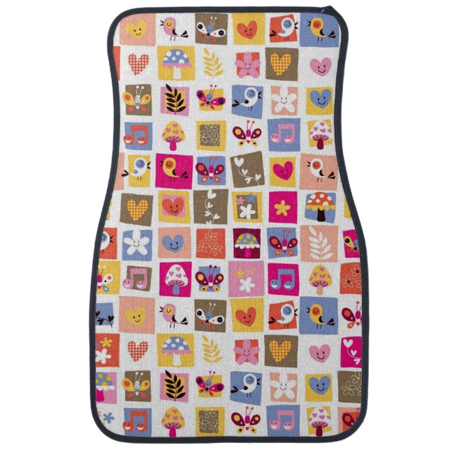 cute flowers, birds, hearts squares pattern car floor mat (Front)