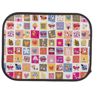 cute flowers, birds, hearts squares pattern car mat