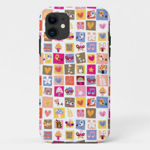 cute flowers, birds, hearts squares pattern iPhone 11 case