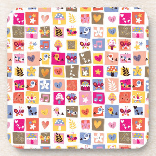 cute flowers, birds, hearts squares pattern coaster