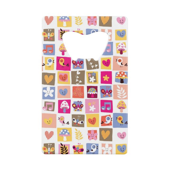 cute flowers, birds, hearts squares pattern credit card bottle opener (Front)
