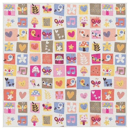 cute flowers, birds, hearts squares pattern fabric