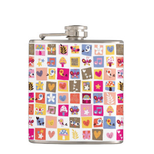cute flowers, birds, hearts squares pattern flask