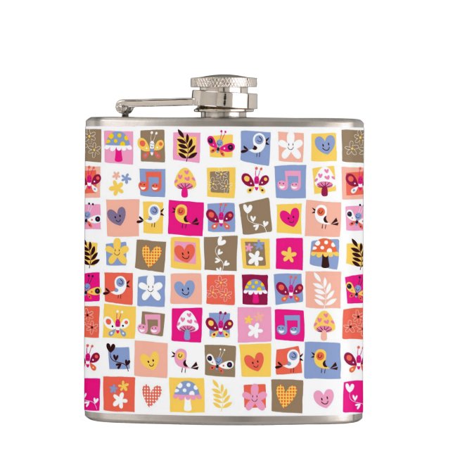 cute flowers, birds, hearts squares pattern flask (Front)