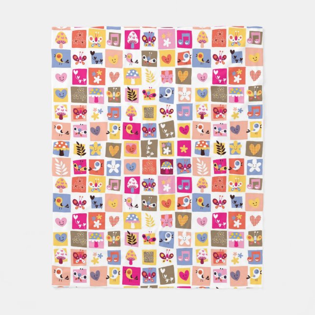 cute flowers, birds, hearts squares pattern fleece blanket (Front)