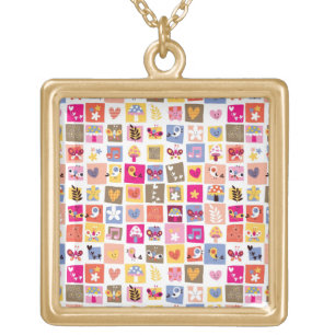 cute flowers, birds, hearts squares pattern gold plated necklace