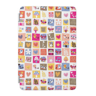 cute flowers, birds, hearts squares pattern iPad mini cover