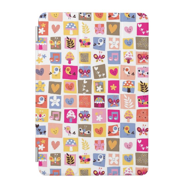 cute flowers, birds, hearts squares pattern iPad mini cover (Front)