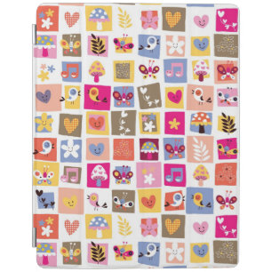 cute flowers, birds, hearts squares pattern iPad smart cover